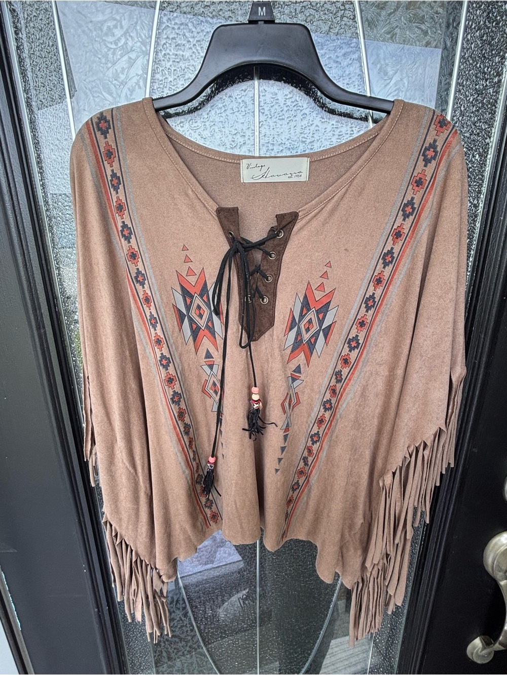 Vintage Havana Brown Fringe Lace-Up Aztec Print Top